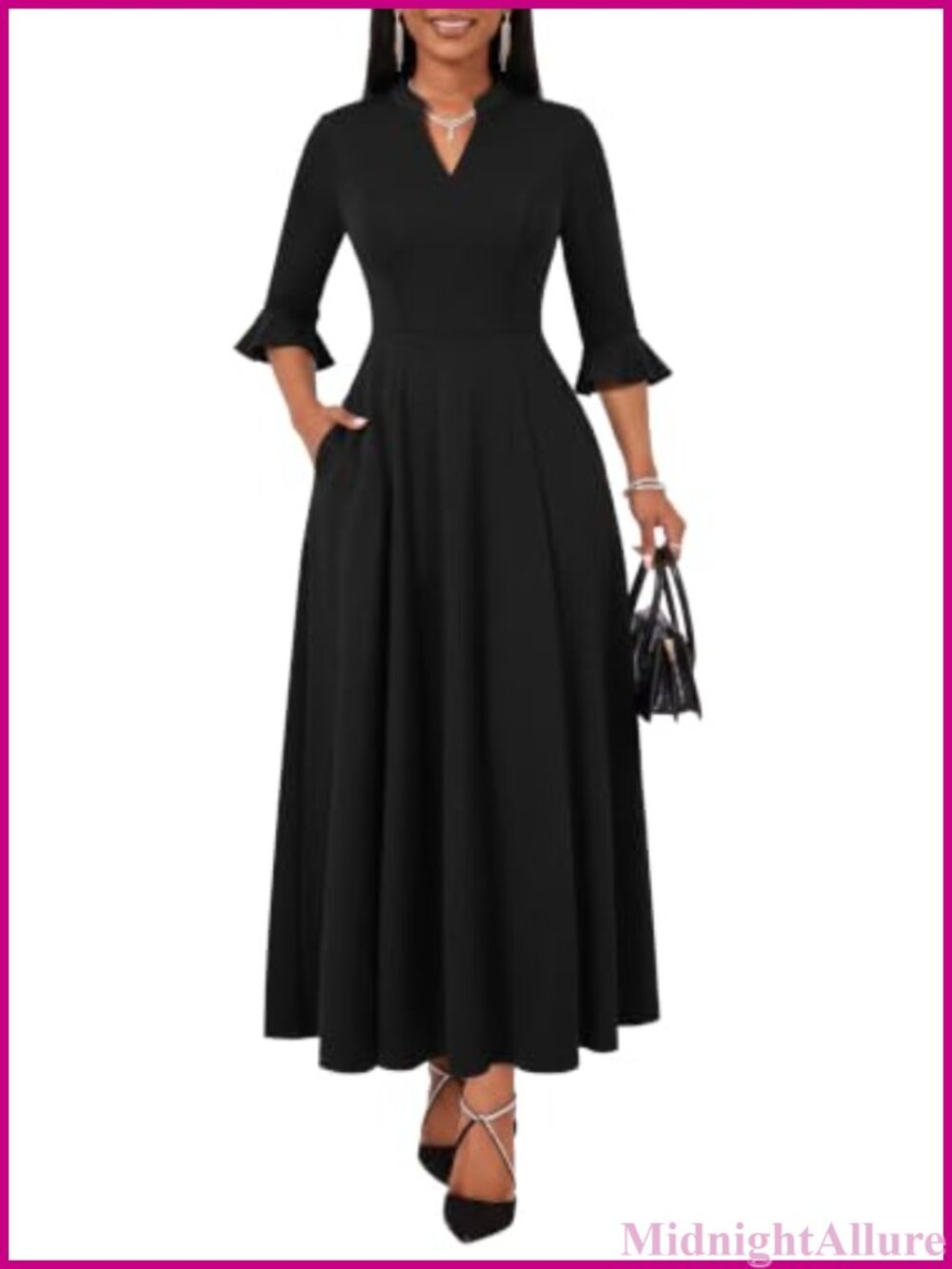 3/4 Flounce Sleeve Notch Neck A-Line Maxi Dress Polyester Elastane Formal